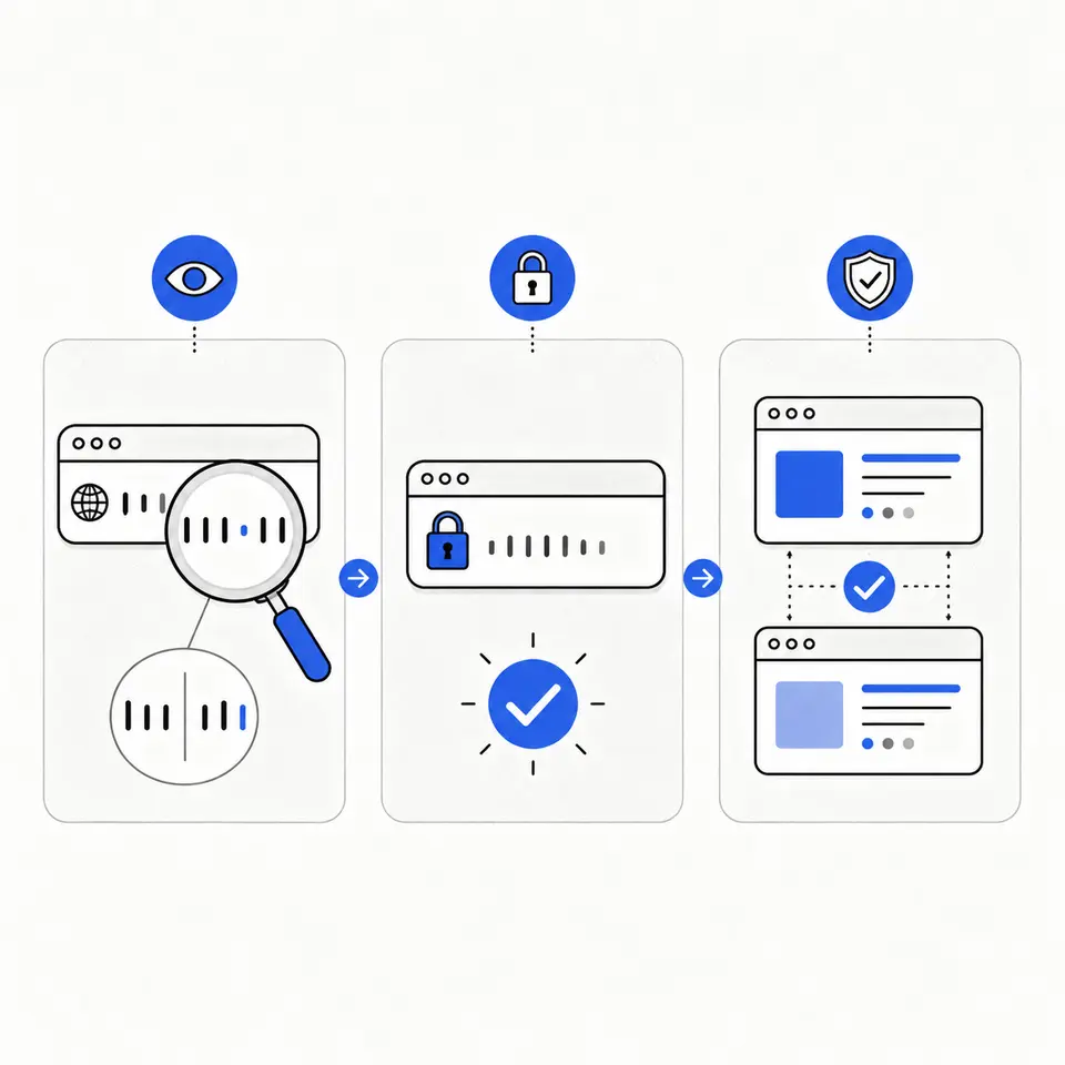 Three website checks: domain, secure connection, and trusted source