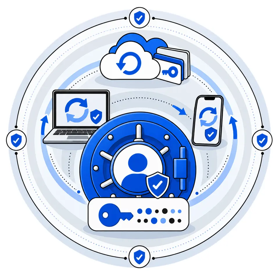 Account security layers: password, vault, updates, and recovery