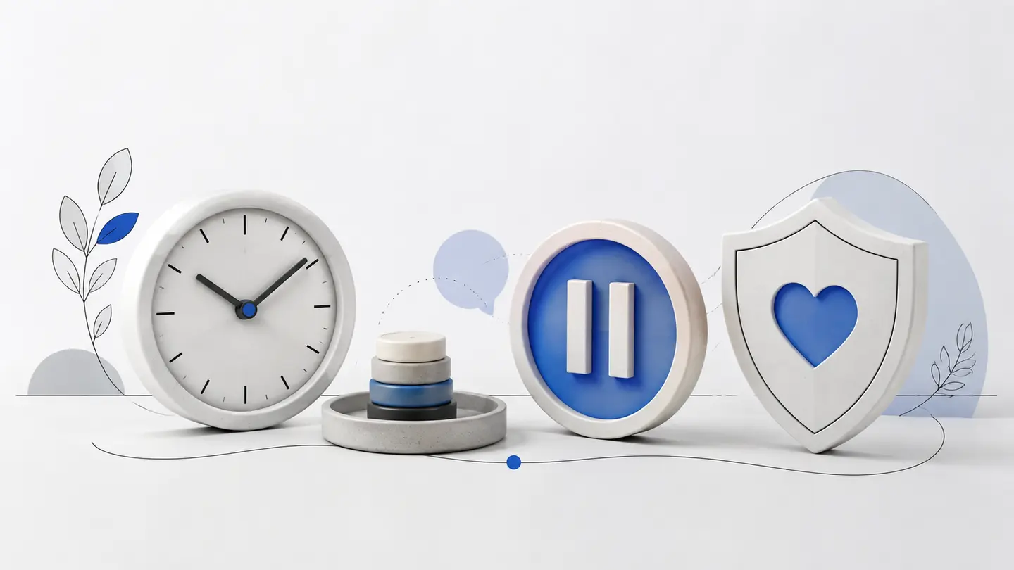 A calm balance of a clock, bounded tokens, and a pause symbol
